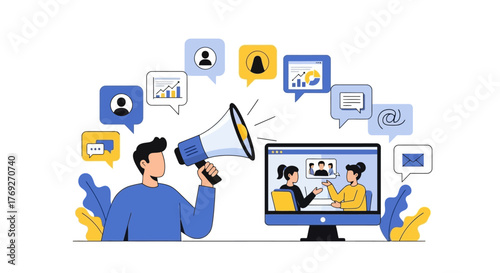 Marketing Campaign with Megaphone Promoting Online Communication & Team Collaboration