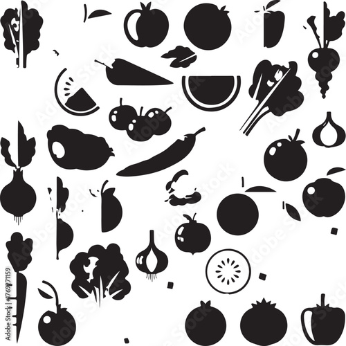 Assortment of Black Silhouette Fruits and Vegetables Keywords: fruits, vegetables, food, healthy