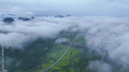 Leading Lines: Railway Track Perspective Through Golden Rice Paddies, Chinese Village