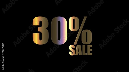 30 Percent Sale shiny golden text animation on black background