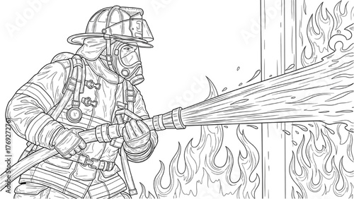 Firefighter Spraying Water on Fire — Black Continuous Line Art with Detailed Protective Gear, Minimalist Vector Illustration