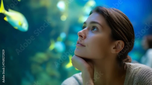 Young caucasian female enjoying an aquarium visit with fascinated expression