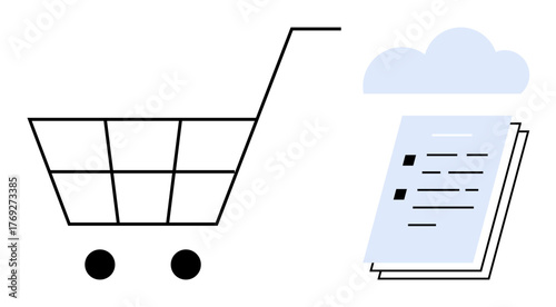Shopping cart and cloud-stored task list illustrate e-commerce, planning, organization, data storage, technology, productivity, modern shopping habits. Ideal for business, retail and simple flat