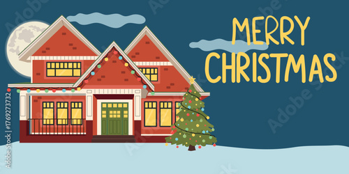 Night landscape with Christmas decorated house. Merry Christmas at home. Cartoon vector illustration.
