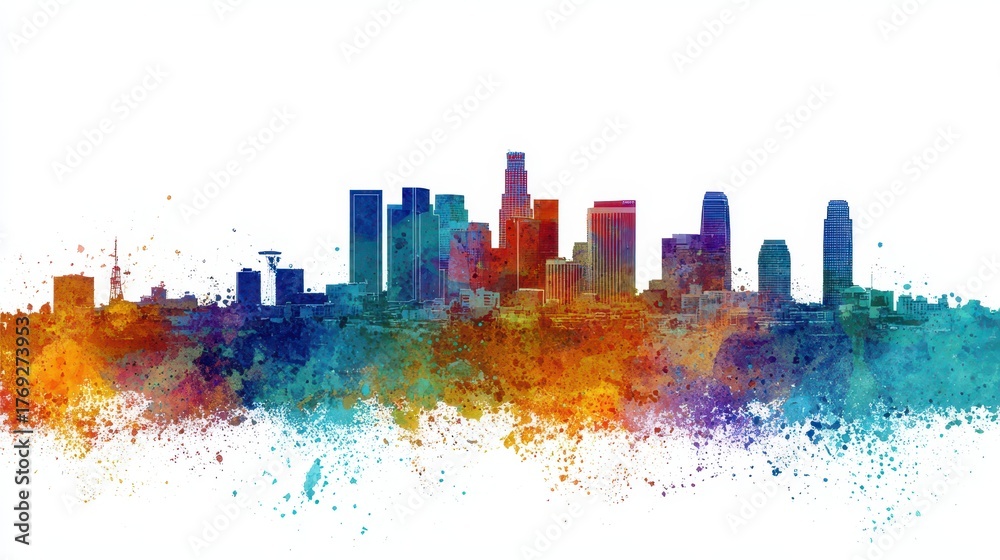 Fototapeta premium Los Angeles Watercolor Skyline: Vibrant Splash of California Colors in Abstract Paint Background