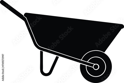 Black wheelbarrow silhouette on white background