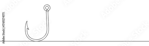 Continuous one-line drawing of a fishing hook, symbolizing fishing, recreation, and challenge in a clean, minimalist outline on a white background.