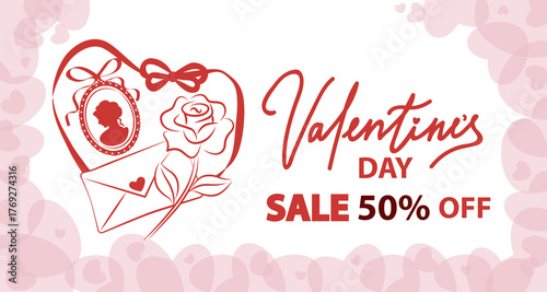 Vector illustration featuring a Valentine s Day sale announcement with a rose, love letter, heart-shaped decorations, and the text SALE 50 OFF in red tones, highlighting romance and affection.