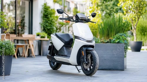 Sleek electric scooter modern outdoor urban setting surrounded by lush greenery and stylish