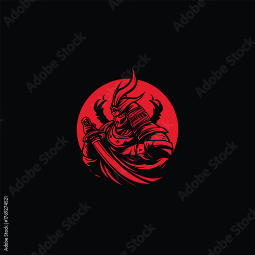Bold and aggressive Samurai warrior illustration in striking red and black, holding a katana with a dynamic red circle background