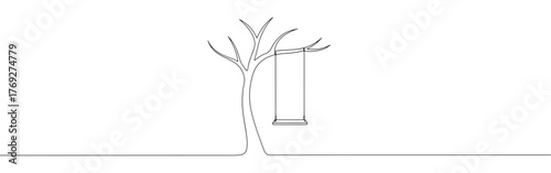 Minimalist continuous line art of a tree with a swing, evoking childhood memories and tranquility.
