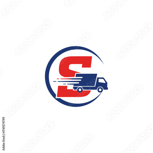 A dynamic delivery truck graphic integrated into a bold red and blue circular emblem, conveying speed, efficiency, and reliable logistics. Ideal for courier, shipping, and transportation branding.