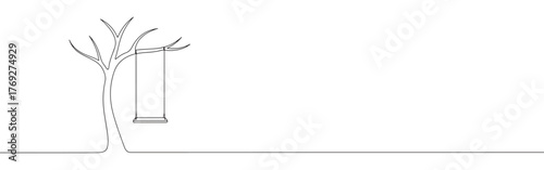 Minimalist continuous line art of a tree with a swing, evoking childhood memories and tranquility.