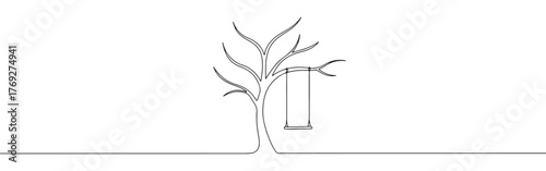 Minimalist continuous line art of a tree with a swing, evoking childhood memories and tranquility.