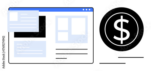 Webpage layout showcasing content blocks and pages alongside a bold dollar sign in a circle. Ideal for finance, ecommerce, UI design, marketing, investment, fintech, savings, simple flat metaphor
