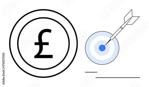 Pound sterling icon beside a dart hitting the center of a target. Ideal for finance, investment, financial planning, savings, success, profit, goal setting. Minimalist design for a simple flat