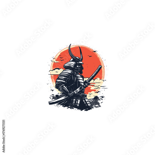 Bold vintage illustration of a powerful Japanese Samurai warrior in full armor, holding a katana with a dynamic red sun, clouds, and flying birds background