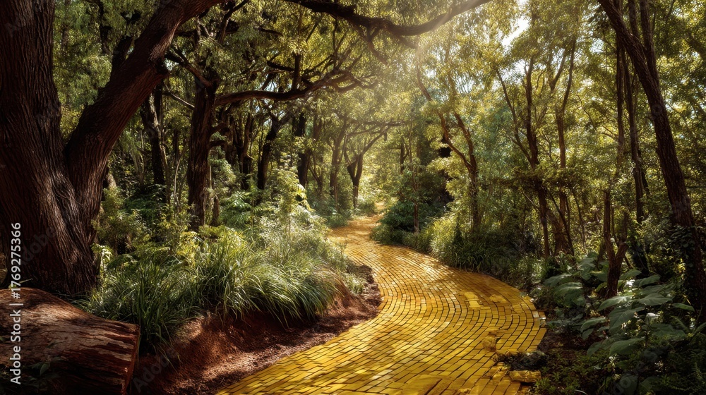 Naklejka premium Magical yellow brick road winding through an enchanted forest with sunlight filtering through lush green trees. Fantasy landscape for story and adventure.