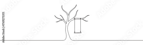 Minimalist continuous line art of a tree with a swing, evoking childhood memories and tranquility.