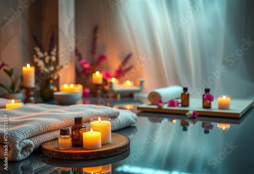 Serene spa setting with candles and essential oils,  wellbeing,  meditation