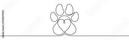Continuous one-line drawing of a paw print with a heart integrated into its design, symbolizing love for pets, animal care, and companionship in a minimalist style.