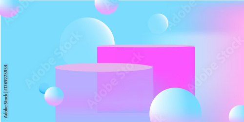 Realistic pink and blue 3D round podium set background with bounce ball, Floating bubble. Minimalist 3D mockup pedestal, Abstract product display presentation, Stage showcase. Platforms vector design.