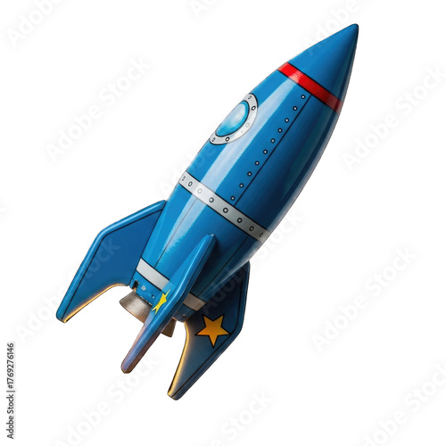 Blue toy rocket with red stripe and yellow stars on black background icon 2025-2026 transparent isolated on white background png 4k full hd download
