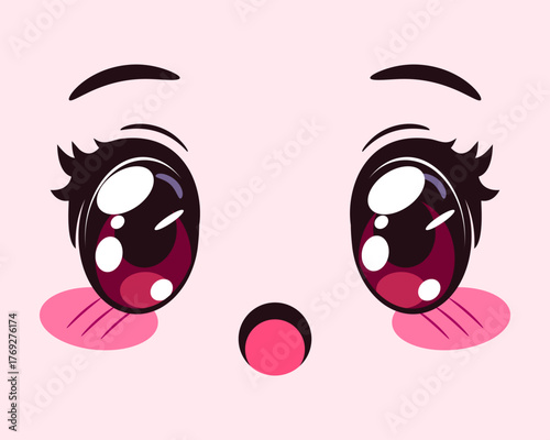 Cute surprised cartoon anime eyes, cheeks and mouth. Cute kawaii manga anime eyes. Vector illustration