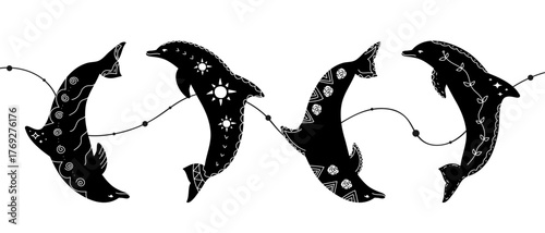 Garland decoration with dolphin silhouettes and white ornaments. Vector illustration