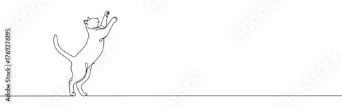 Minimalist continuous line art of a cat standing on hind legs with paws raised, in a playful pose.