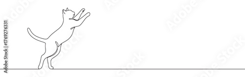 Minimalist continuous line art of a cat standing on hind legs with paws raised, in a playful pose.