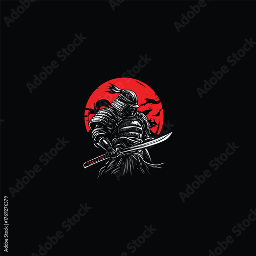 Gritty illustration of a powerful Samurai warrior in full armor, holding a katana against a dramatic red sun and tropical tree silhouette background