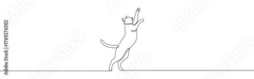 Minimalist continuous line art of a cat standing on hind legs with paws raised, in a playful pose.