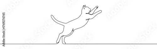 Minimalist continuous line art of a cat standing on hind legs with paws raised, in a playful pose.
