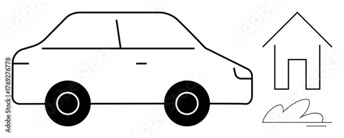 Car outline next to a house with small bushes. Ideal for transportation, real estate, mobility, suburban life, home security, modern living, travel. Simple flat metaphor