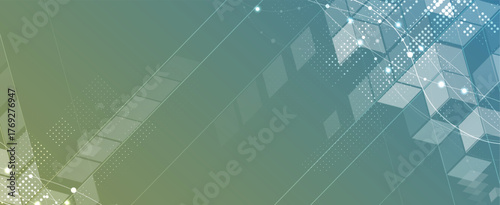 Futuristic science and technology header with interconnected molecular structures and light pulses