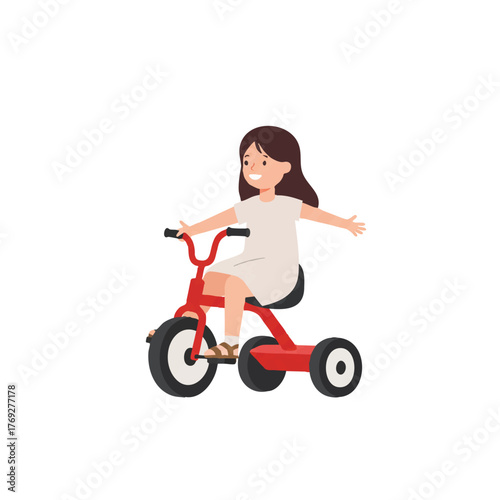 Minimalistic 2D flat vector illustration showing a young girl happily riding a classic three-wheeled tricycle across a clean, isolated white background, symbolizing movement and childhood fun.