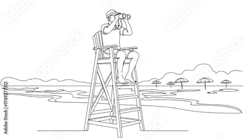 Lifeguard on High Chair with Binoculars — Black Continuous Line Art, Minimalist Vector Illustration