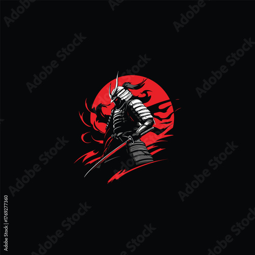 High-contrast, stylized illustration of a commanding Samurai warrior with striking white/grey armor, standing against a bold red sun and dynamic splash or flame background