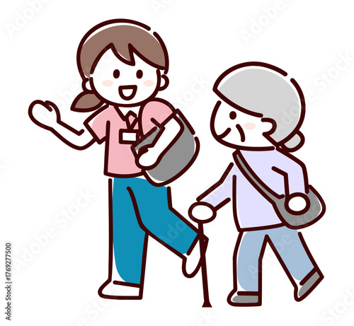 シンプル画　シニア女性に同行する女性