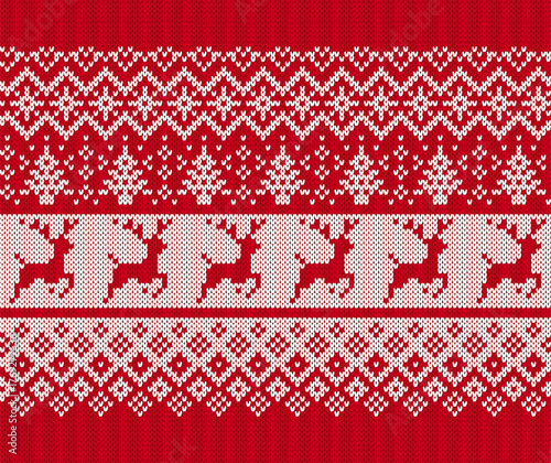 Red Christmas ornaments with deers and trees. Xmas seamless knit texture. Holiday fair traditional pattern. Knitted red sweater background. Festive winter print. Wool pullover vector illustration.