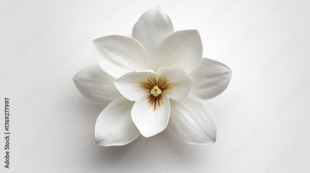 Fototapeta premium A white orchid with smooth, soft petals centered against a clean ivory background, minimalist elegance