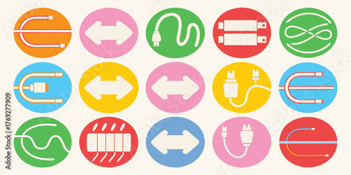 A collection of colorful circular icons representing various cables connectors and electrical components