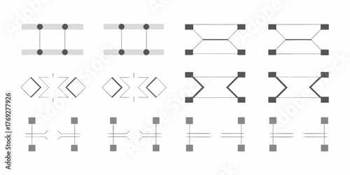 A collection of abstract geometric diagrams representing connections and data flow