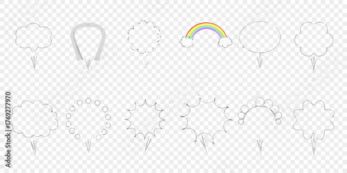 Collection of hand drawn speech bubbles and a rainbow with clouds on transparent background
