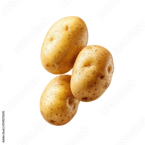 Three floating potatoes png vegetable png potatoes png tuber png food png fresh png organic png brown png cooking png isolated png transparent background image