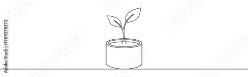 Continuous one-line drawing of a small potted plant with five leaves, symbolizing nature, growth, home decor, and simplicity in a clean, minimalist style.