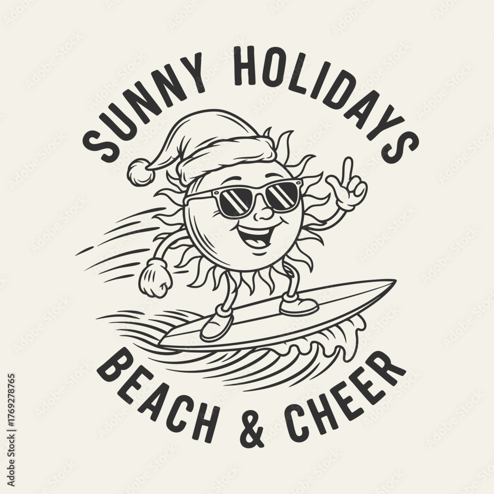 Obraz premium Sunny Holidays Beach Cheer Surfing Sun Wearing Santa Hat and Sunglasses.