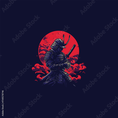 Moody and stylized illustration of a solemn Samurai warrior standing with a katana, set against a dramatic red sun and swirling dark cloud background