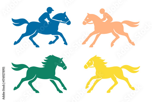 Dynamic colorful set of running horse and jockey silhouettes for equestrian sports